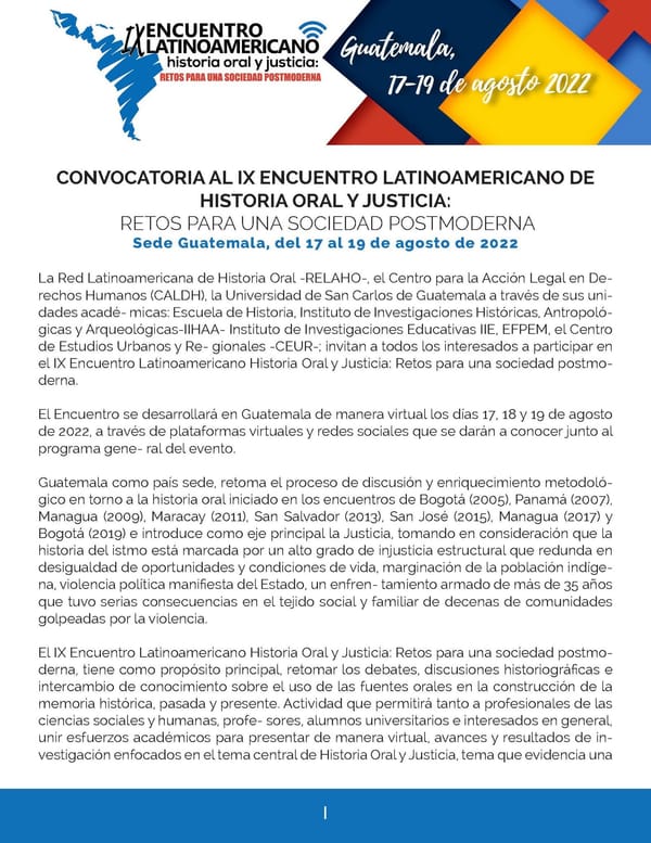 Fotografía 1 de 10 del encuentro IX Encuentro Latinoamericano de Historia Oral y Justicia — Ciudad de Guatemala, 2022.